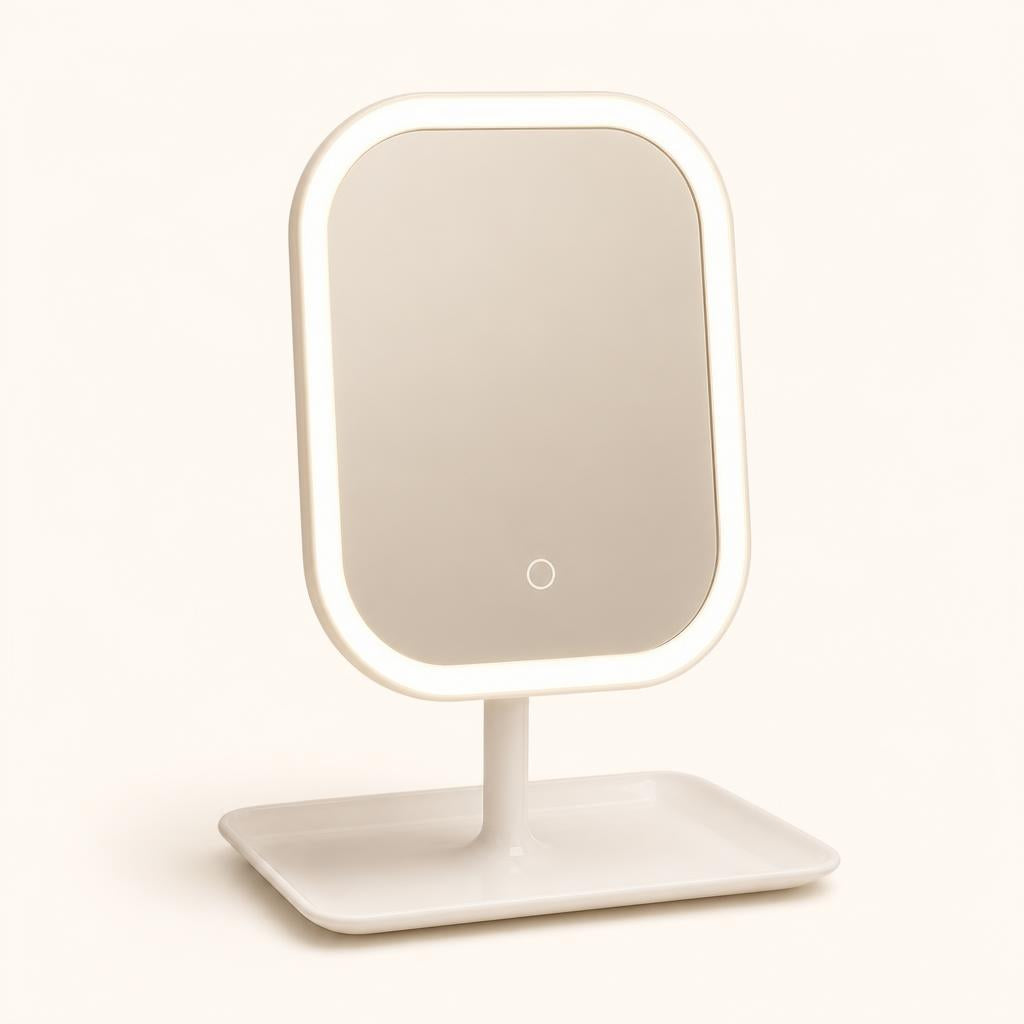 Espejo de maquillaje LED con base organizadora